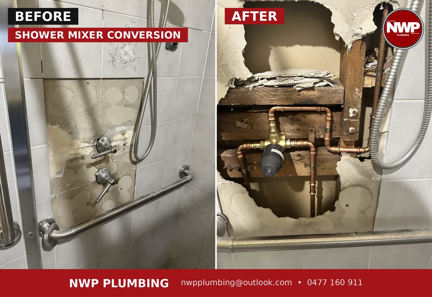 Before and after shower mixer conversion